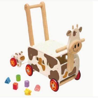 PlayWood Loopwagen Bruine Koe Met Trekfiguur
