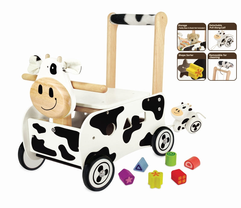 PlayWood Loopwagen Zwarte Koe Met Mini Trekfiguur